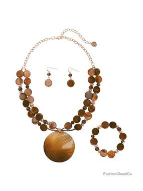 Layered Beads Statement Necklace Set with Shell Pendant, Earrings & Bracelet